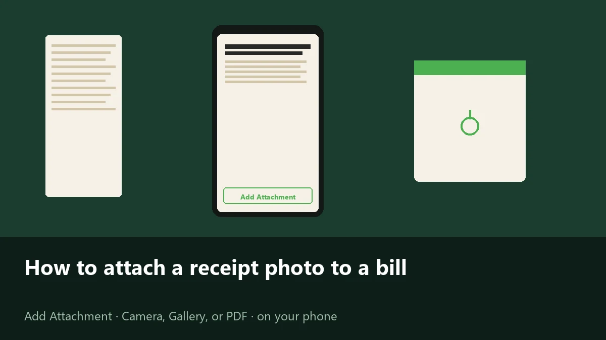 Paper receipt, phone with Add Attachment, and a bill card linked to the file.