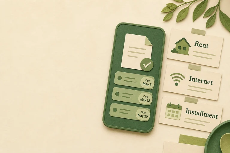 Illustration of an Android phone beside rent, internet, and installment cards