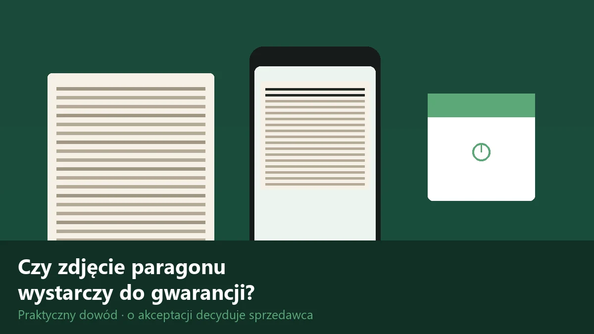 Telefon ze zdjęciem paragonu obok wyblakłego papierowego paragonu i zaznaczenia w kalendarzu gwarancji.