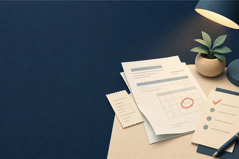 Editorial illustration of a paper bill, a circled calendar date and a checked paper list on a desk.