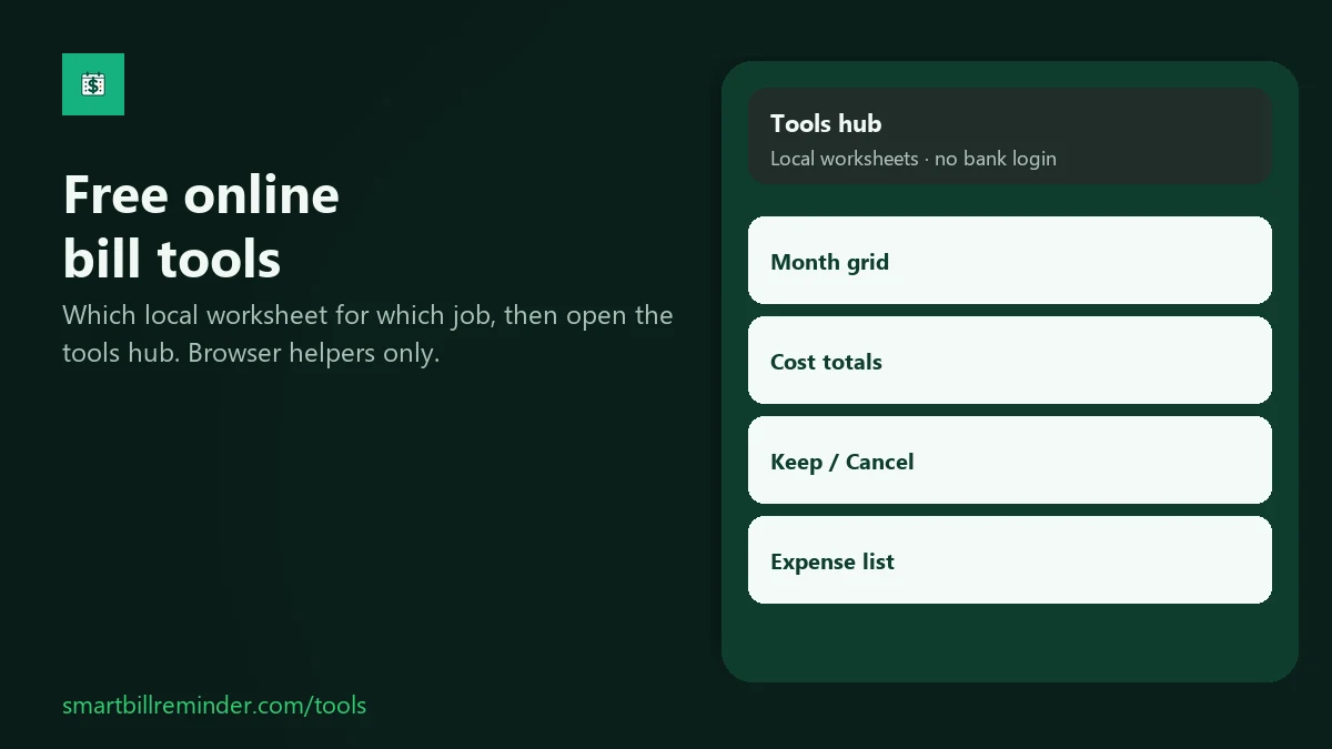 Branded card listing four free browser worksheets for bills and subscriptions.