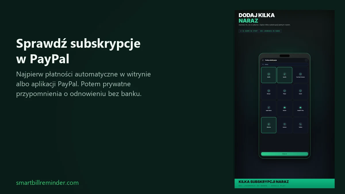 Telefon z prywatną listą subskrypcji obok nagłówka o sprawdzaniu płatności automatycznych PayPal.