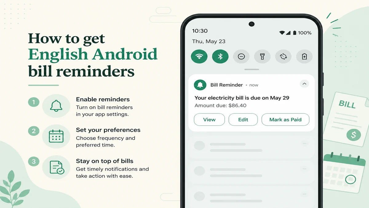 Android bill reminder notification with View, Edit, and Mark as Paid actions.