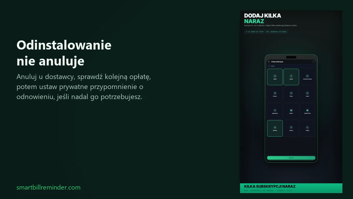 Telefon z prywatną listą subskrypcji obok nagłówka, że odinstalowanie aplikacji nie anuluje subskrypcji.