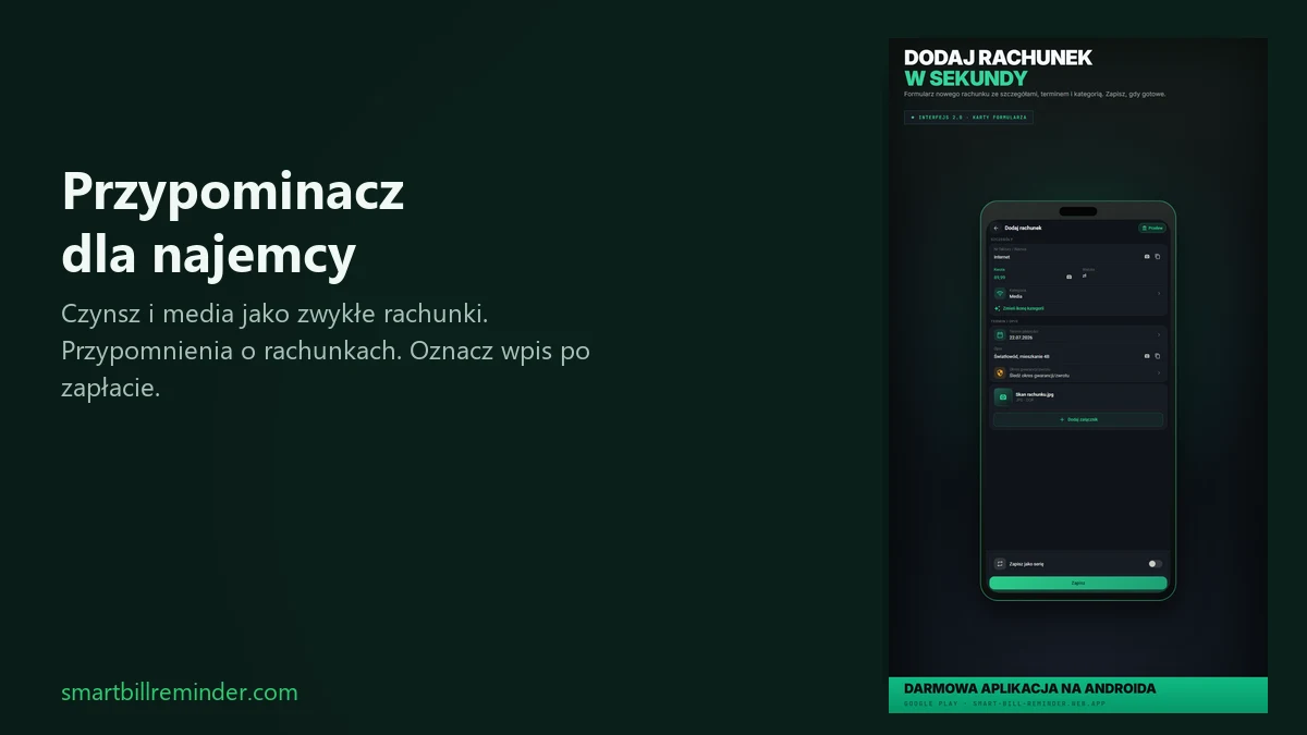 Formularz Dodaj rachunek w Smart Bill Reminder: lista czynszu i mediów dla najemcy.