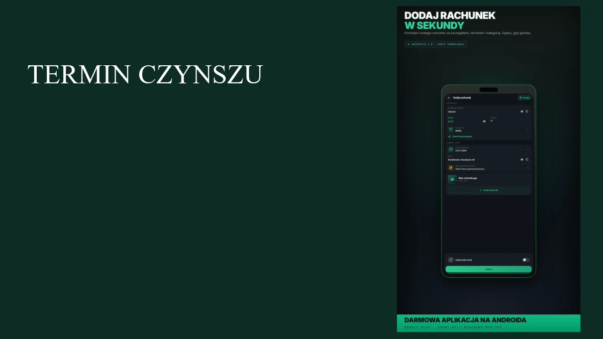 Formularz Dodaj rachunek w Smart Bill Reminder na Androidzie, gotowy do wpisania czynszu.