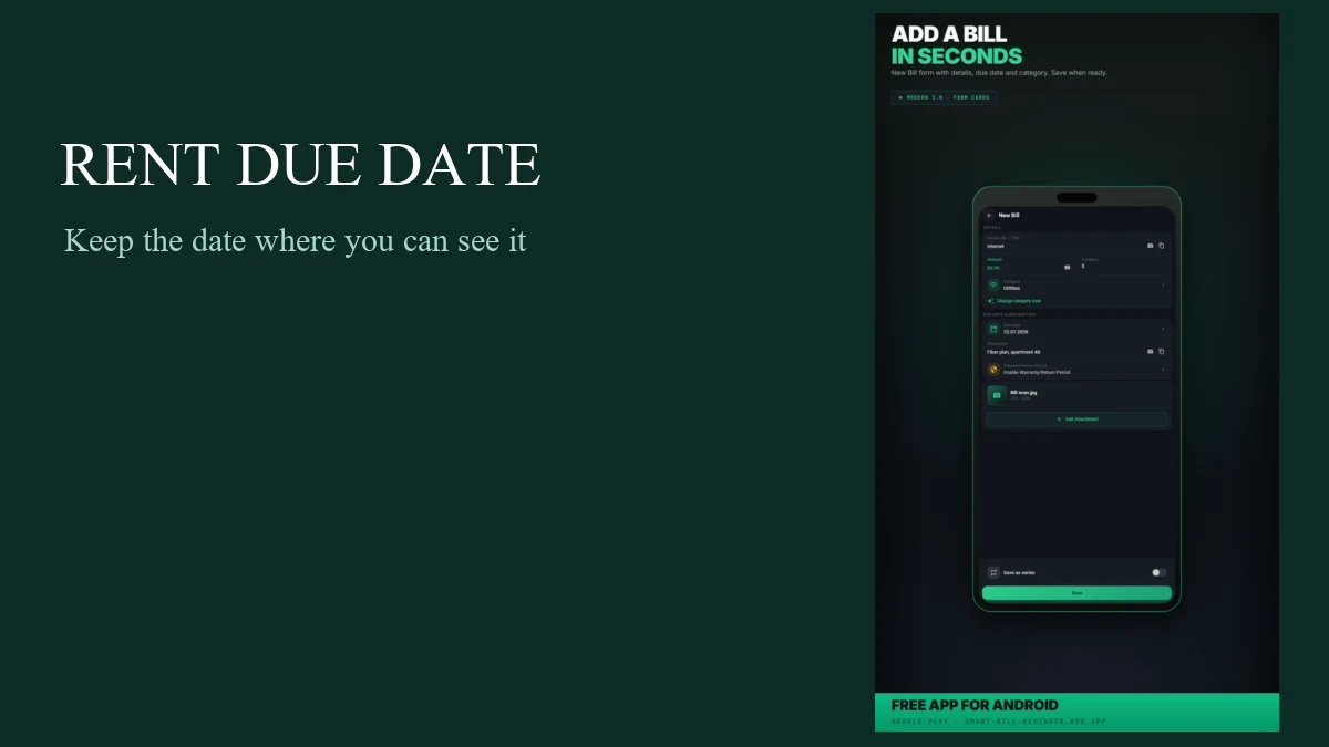 Smart Bill Reminder Add bill form on Android, ready for a rent entry.