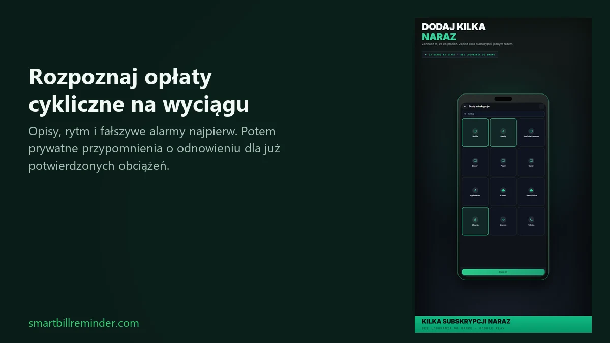 Telefon z prywatnymi przypomnieniami o subskrypcjach obok nagłówka o rozpoznawaniu opłat cyklicznych na wyciągu.