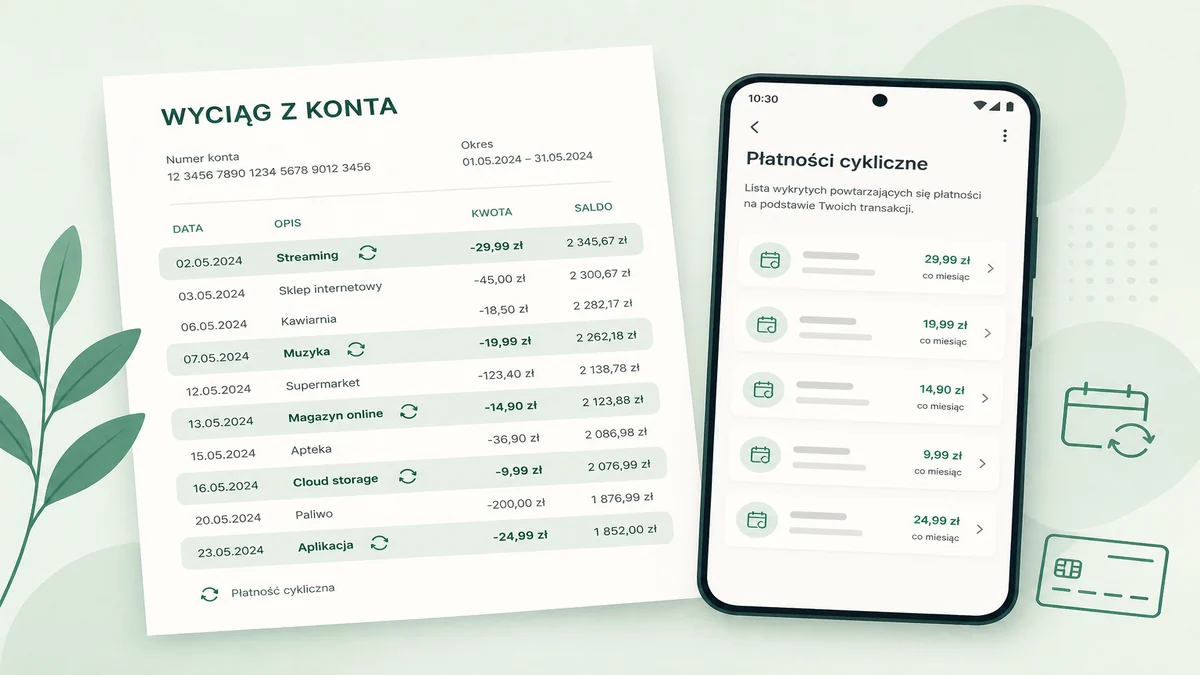 Wyciąg bankowy z podświetlonymi powtarzającymi się obciążeniami obok telefonu z listą subskrypcji.