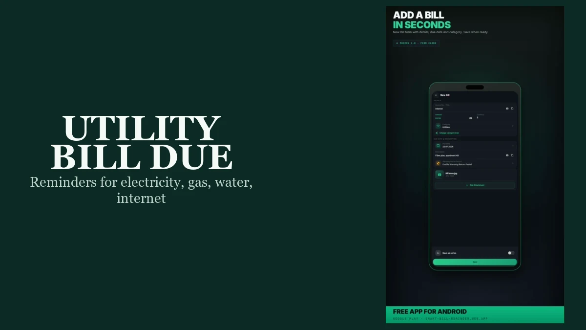 Smart Bill Reminder Add bill form showing an Internet entry under Utilities.