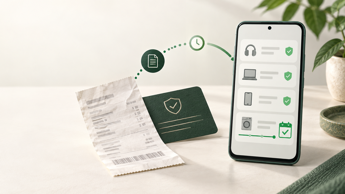 A receipt, warranty card, and Android phone showing a warranty timeline