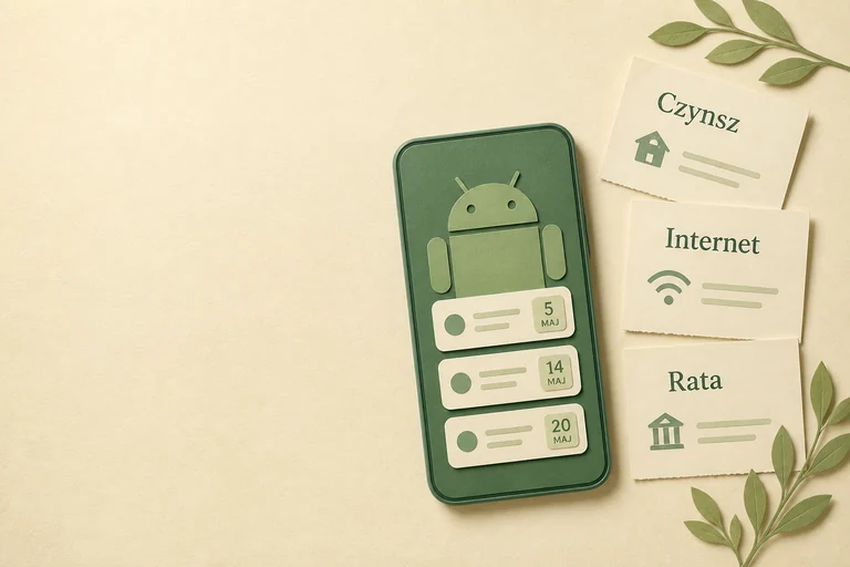 Ilustracja telefonu Android obok karteczek czynsz, internet i rata
