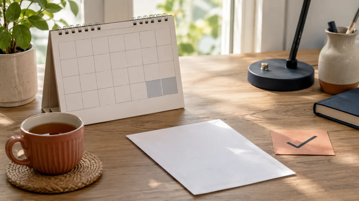 A calendar, a blank bill and a checkmark card on a sunlit home desk.