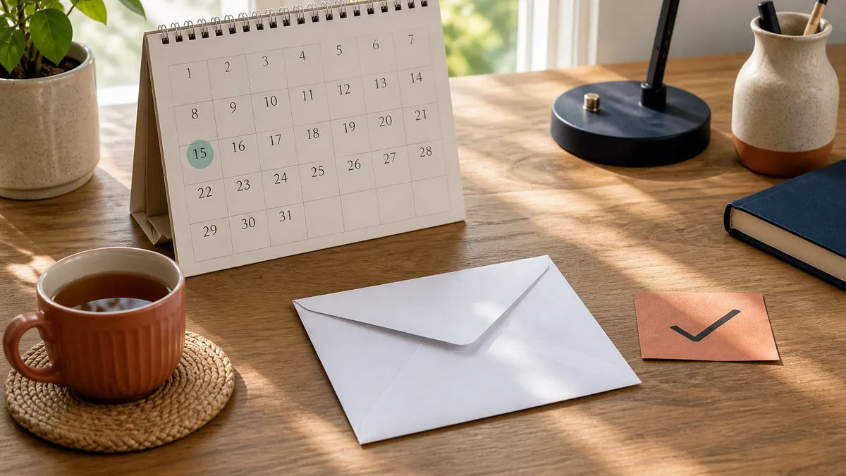 A blank bill envelope, a desk calendar marked near mid-month, and a checkmark card on a sunlit home desk.